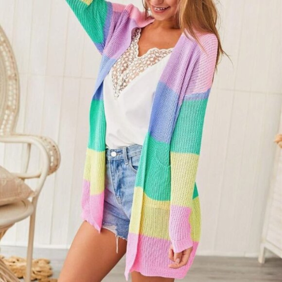 Pastel Rainbow Knit Long Sleeve Cardigan Lightweight Spring Pockets Colorblock - Picture 7 of 16